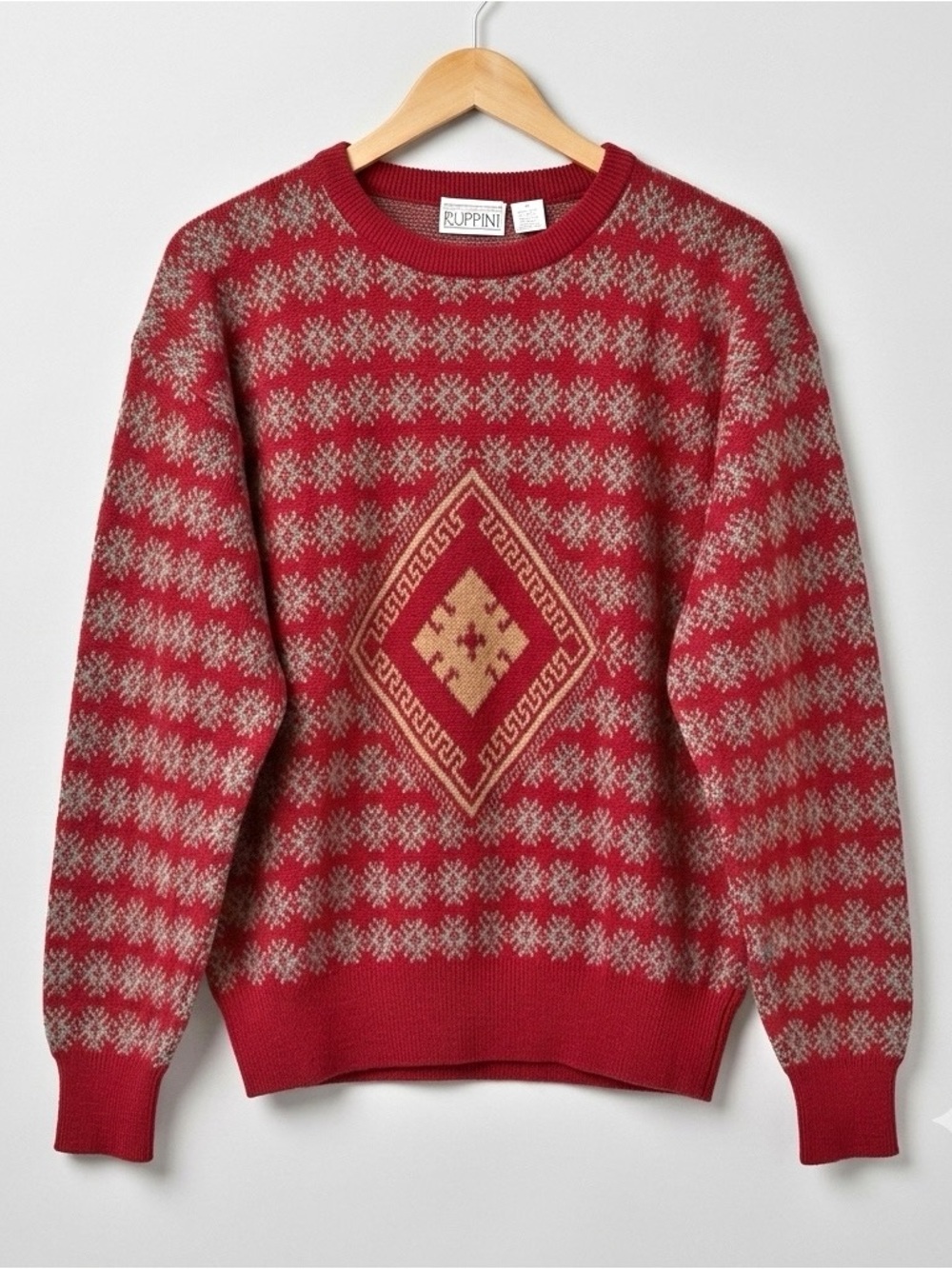 Vintage Gianfranco Ruffini 100% Wool Sweater Red Fair Isle Nordic Greek Key Med